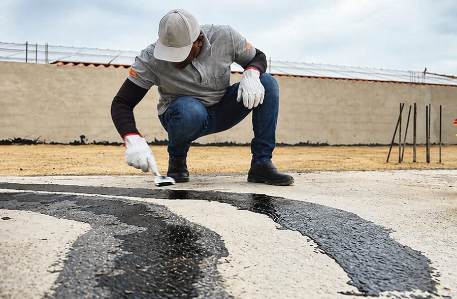 Aplicação de impermeabilizante ImperTop em laje — profissional aplicando com pincel